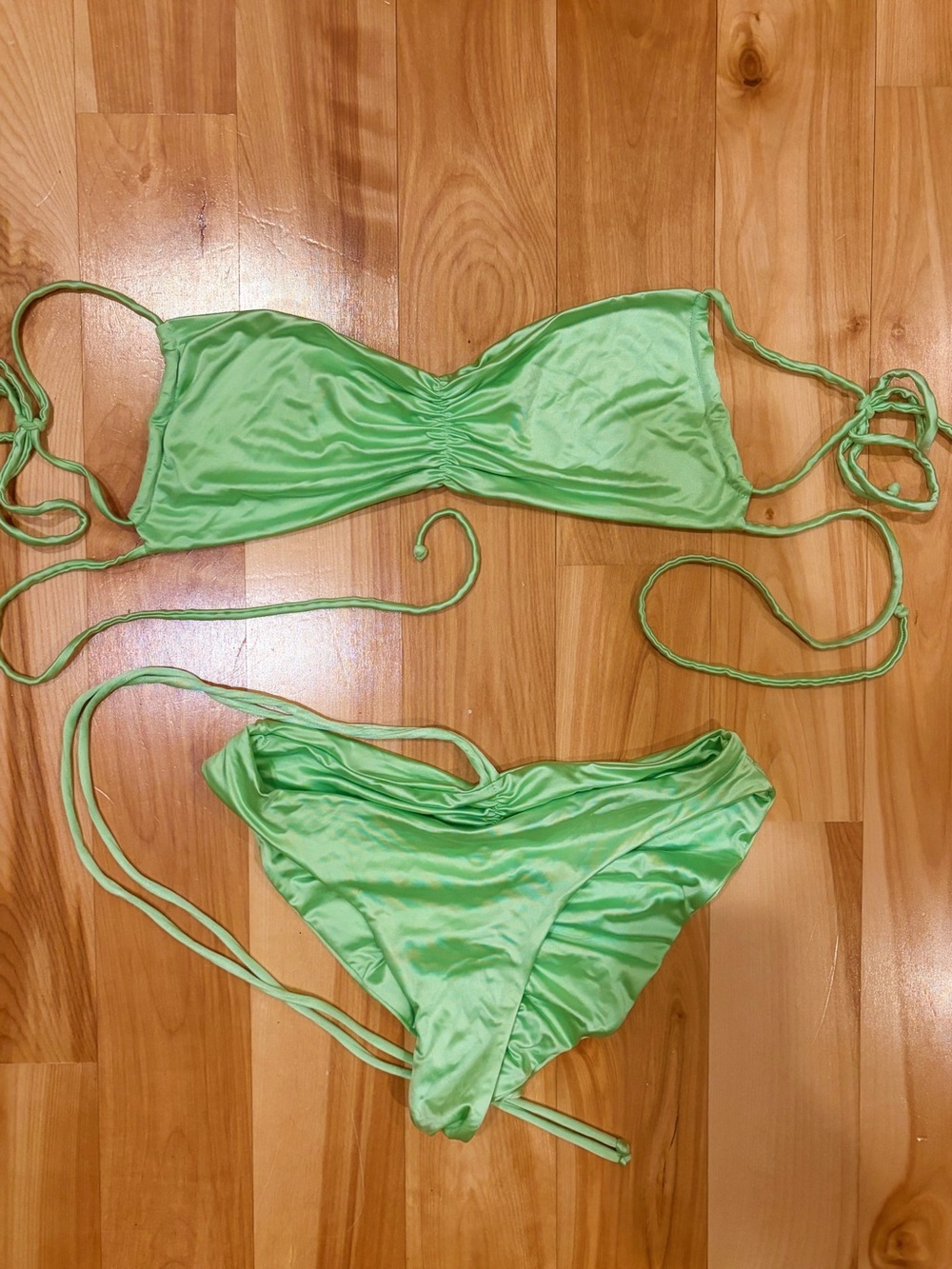 Frankies Bikinis Foxy Satin Bikini Swimsuit Top and Bottom in Honeydew Green - Picture 2 of 7